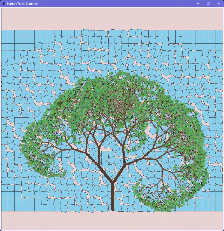 Fractal tree with green circles for leaves, against a disorganized backdrop of sky-blue squares
