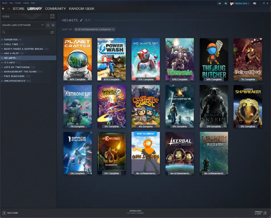 steam game collection titled &ldquo;HELMETS&rdquo; with every game prominently featuring a helmet in the thumbnail art