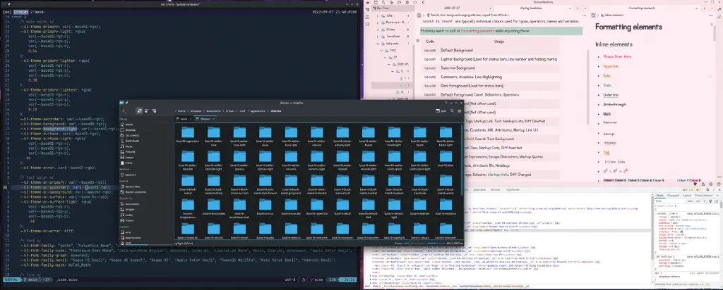 Note app with pink tints from Base16 “Sakura” and a terminal with some CSS open, and a file explorer with dozens of base16 theme folders for the notes app