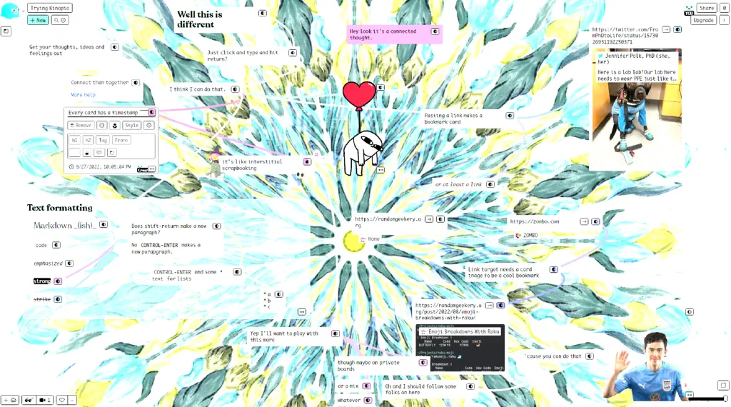 cards describing an exploration of Kinopio, multiple animated GIFs, and one of my drawings for a background