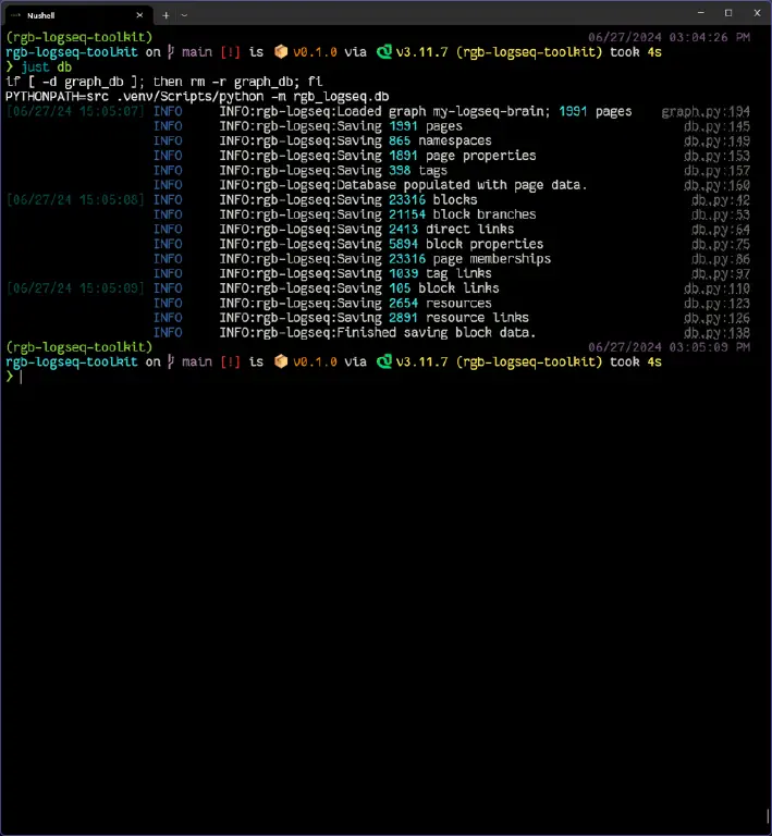 log output of program showing blocks, properties, and links for 1,991 pages loaded in four seconds