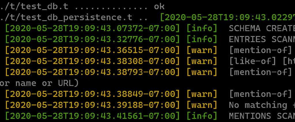 screenshot of test logs, with local timestamps and colored text