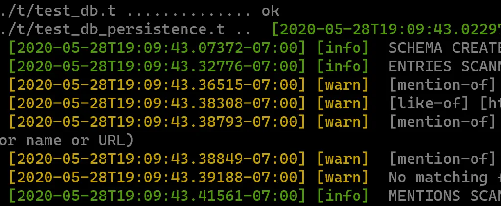 screenshot of test logs, with local timestamps and colored text