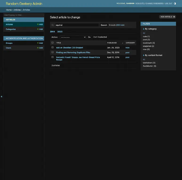 Django admin panel showing search results for “squirrel”, with three posts listed