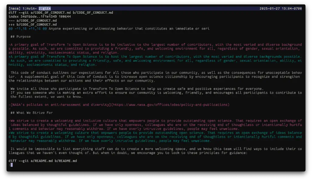 git diff for project code of conduct, showing references to inclusiveness have been stripped out
