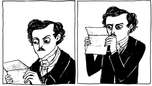 two wordless panels of a cartoon with Edgar Allen Poe reading a letter, then looking much more closely at the letter with eyes narrowed in dismayed confusion