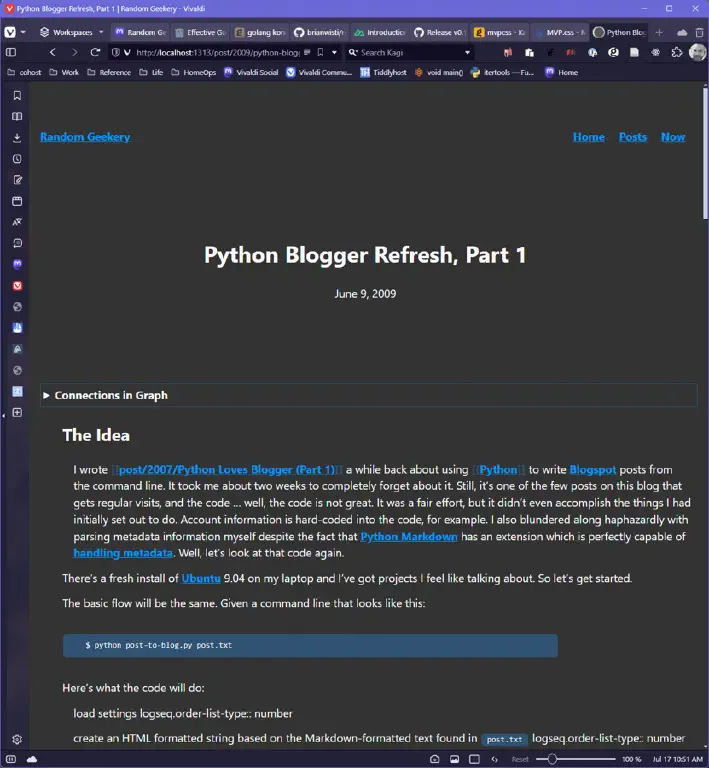 Blog post titled “Python Blogger Refresh, Part 1” with a disclosure widget titled “Connections in Graph”