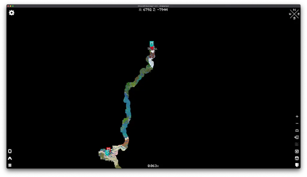 zoomed out map view showing a long narrow path of explored territory