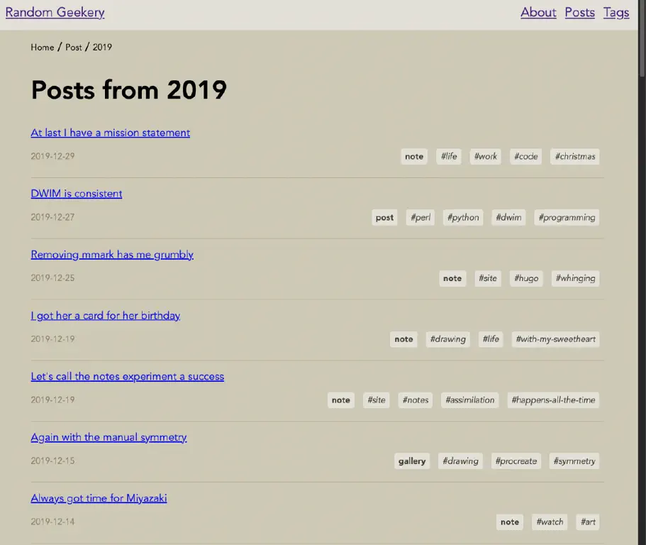 Blog post listing for 2019, including title, publish date, category, and tags