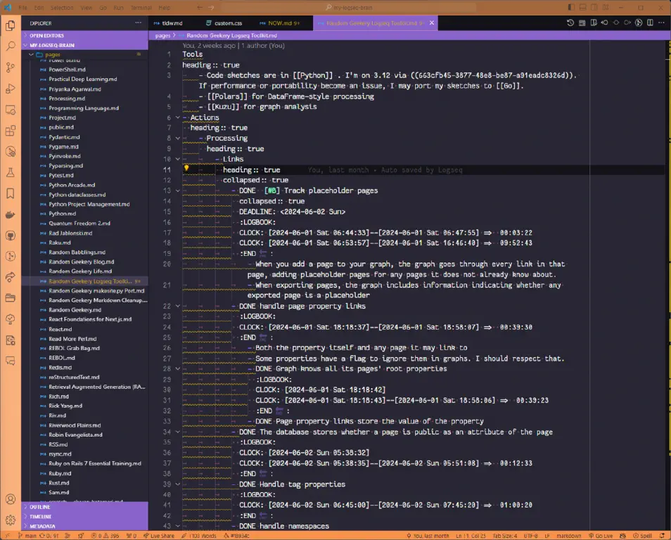 Visual Studio code showing Markdown source of the note. Ever line that is a header in the Logseq view is shown here as having the property 