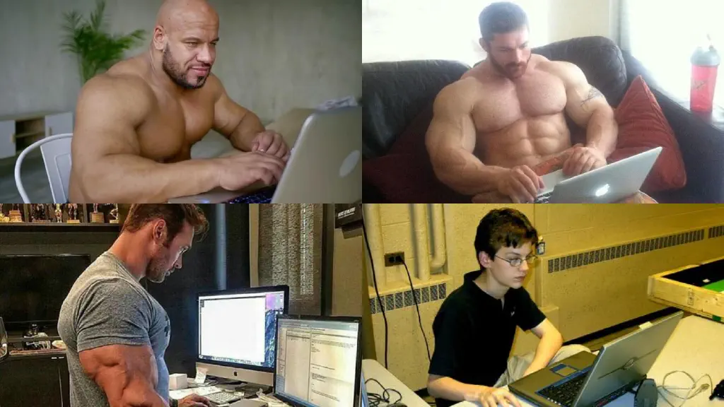 helpful buff guys at keyboard meme blank, with three frames of extremely buff dudes typing emotionally healthy advice to a young nerdy looking dude in the final frame