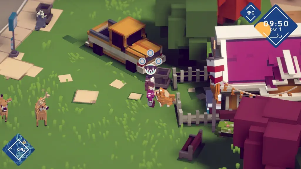 in-game screenshot showing main character and control cues for the current action of petting a nearby dog. Not far away, deer watch the interaction and a raccoon digs in the garbage