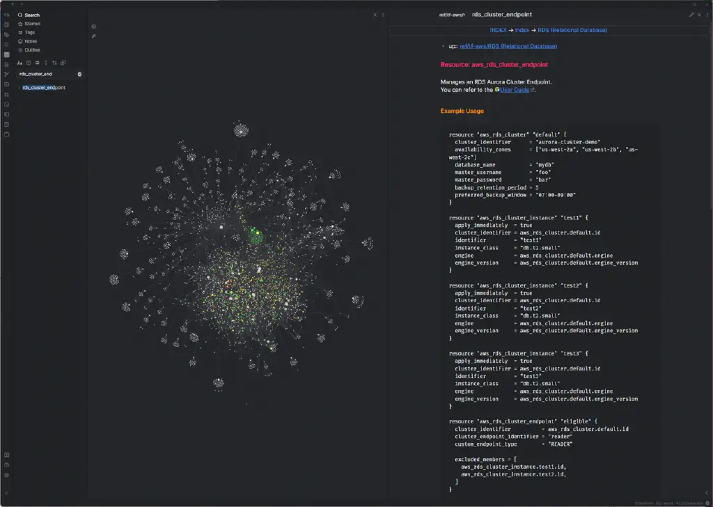 the scary eye is now several small clusters connected to a hub node; to the right of the graph is the note for one of those nodes: terraform AWS provider documentation