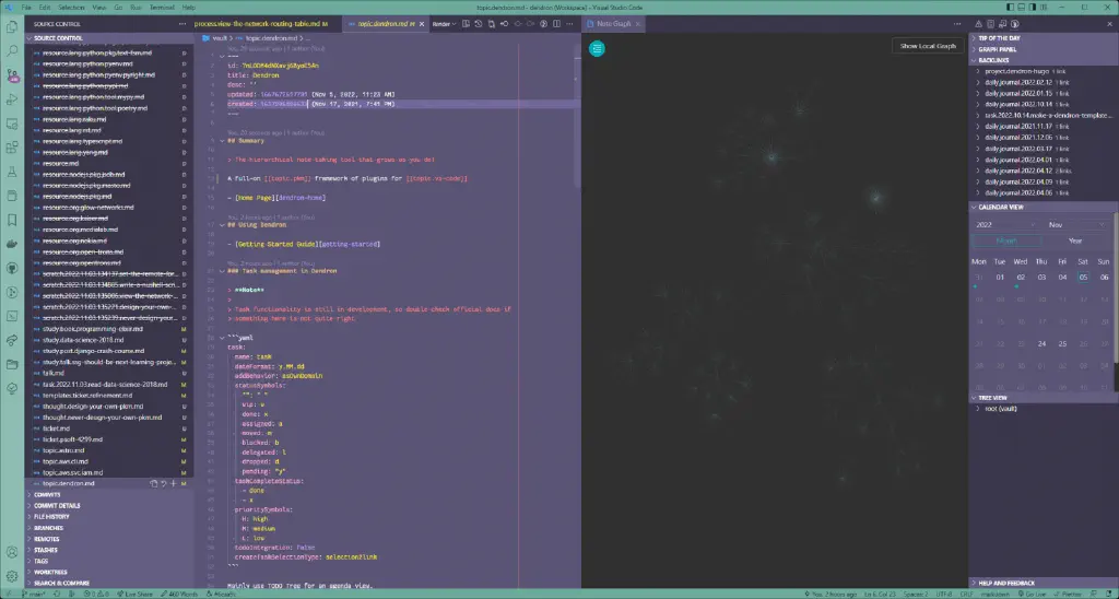 Visual Studio Code showing sidebar with many git changes pending, nnotes about Dendron, a pretty knowledge graph, and the Dendron helper sidebar