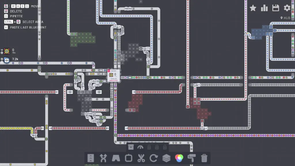 in-game screenshot of shapez.io factory game showing many shapes being delivered to the hub