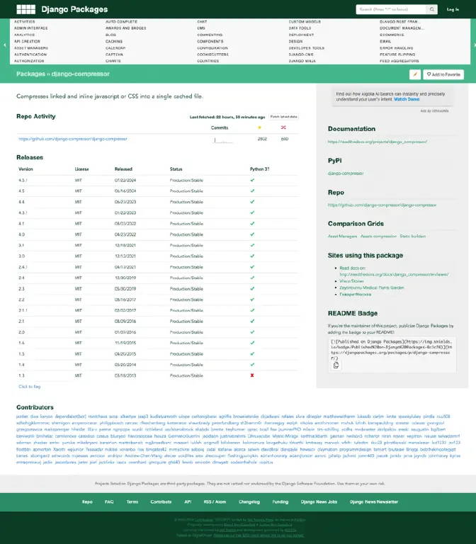 Django Packages detail page for django-compressor, showing version history, contributors, and links to its official resources.