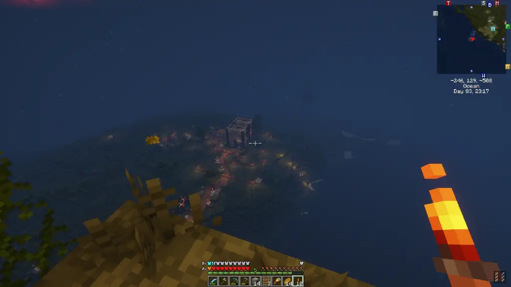 Aerial view of a square-ish minecraft house. Skyblock greenery fills the foreground