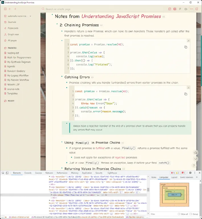 Screenshot of a page with notes and code from the book “Understanding JavaScript Promises”