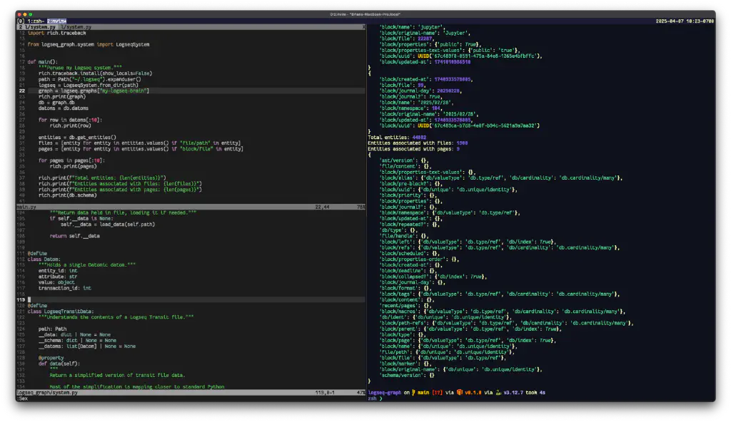 terminal split to show Python code examining a Datomic Transit cache file describing a Logseq graph, and the output of that code as a series of dictionaries and a few running tallies