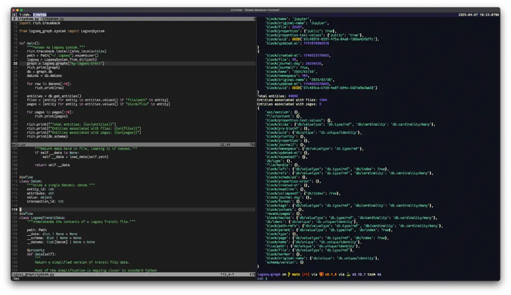 terminal split to show Python code examining a Datomic Transit cache file describing a Logseq graph, and the output of that code as a series of dictionaries and a few running tallies