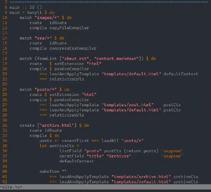 screenshot of haskell site config code