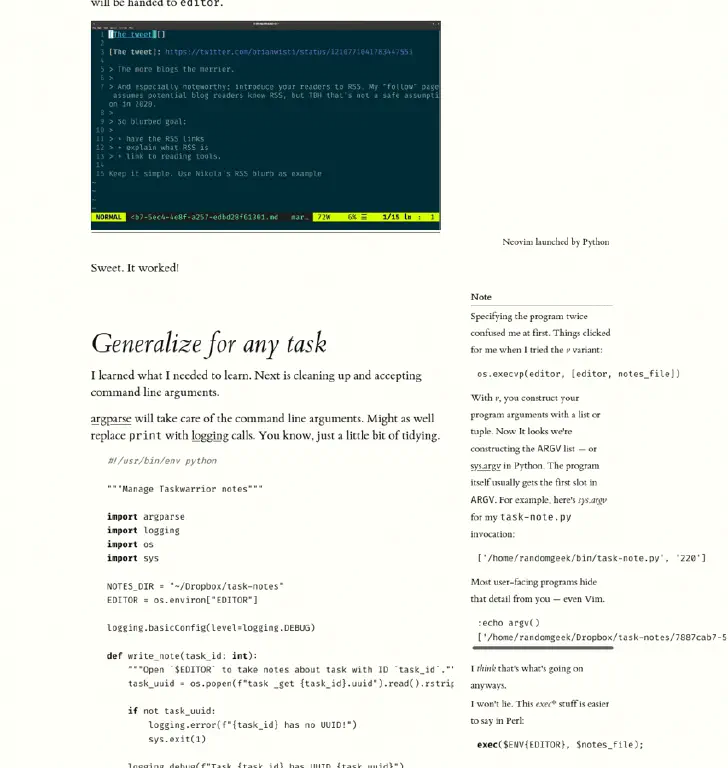 A page with source code and a side note