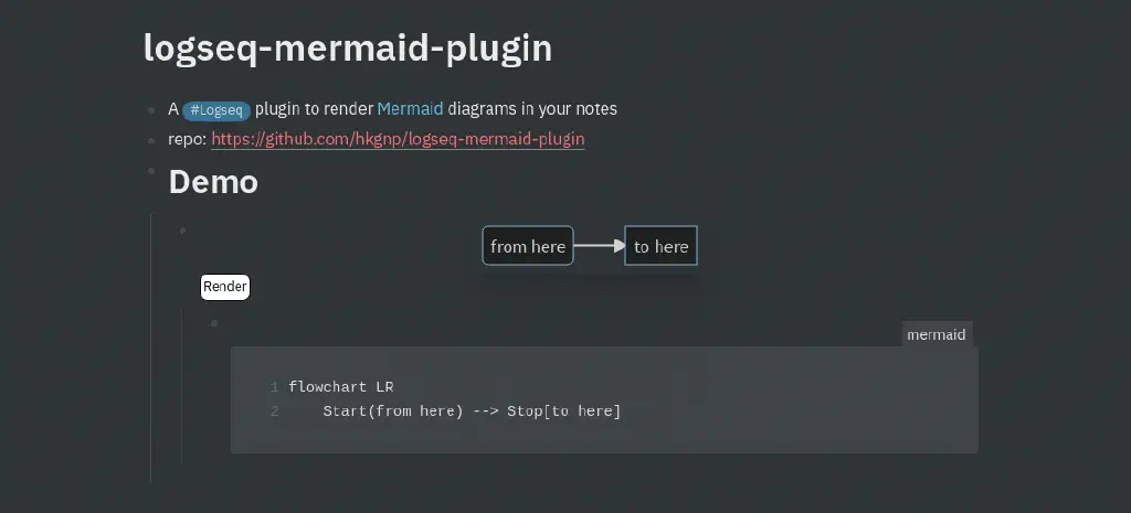 Logseq screenshot showing mermaid code, rendered diagram, and page node tree