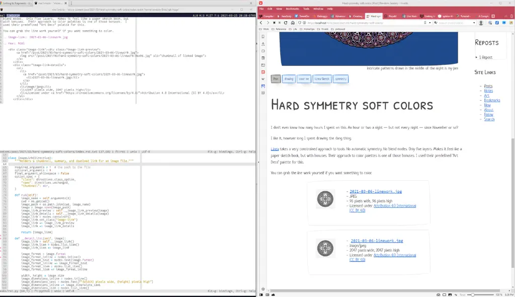 split screenshot of terminal with editor holding rst document (with static HTML in place for comparison), editor holding python directive code, and browser view of results