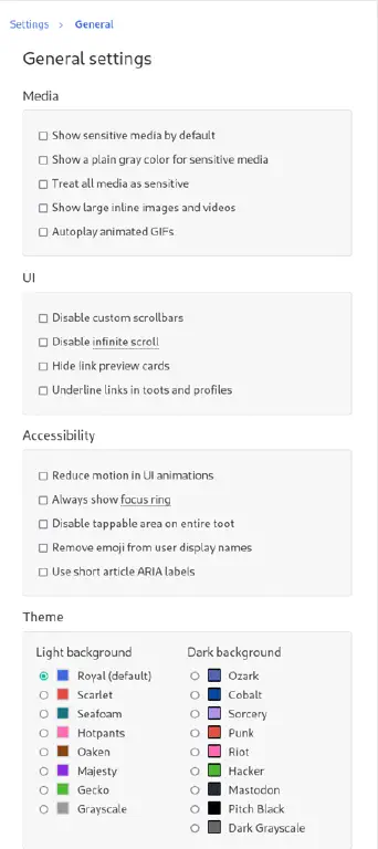 pinafore&rsquo;s general settings, with options like &ldquo;hide favorite counts&rdquo;