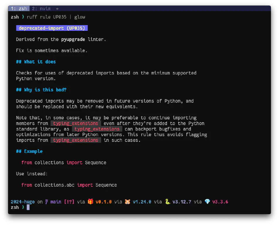 Formatted explanation of Ruff’s rule UP035 “deprecated-import”, generated by the command 