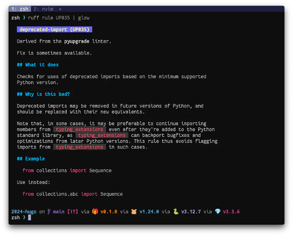 Formatted explanation of Ruff&rsquo;s rule UP035 &ldquo;deprecated-import&rdquo;, generated by the command 