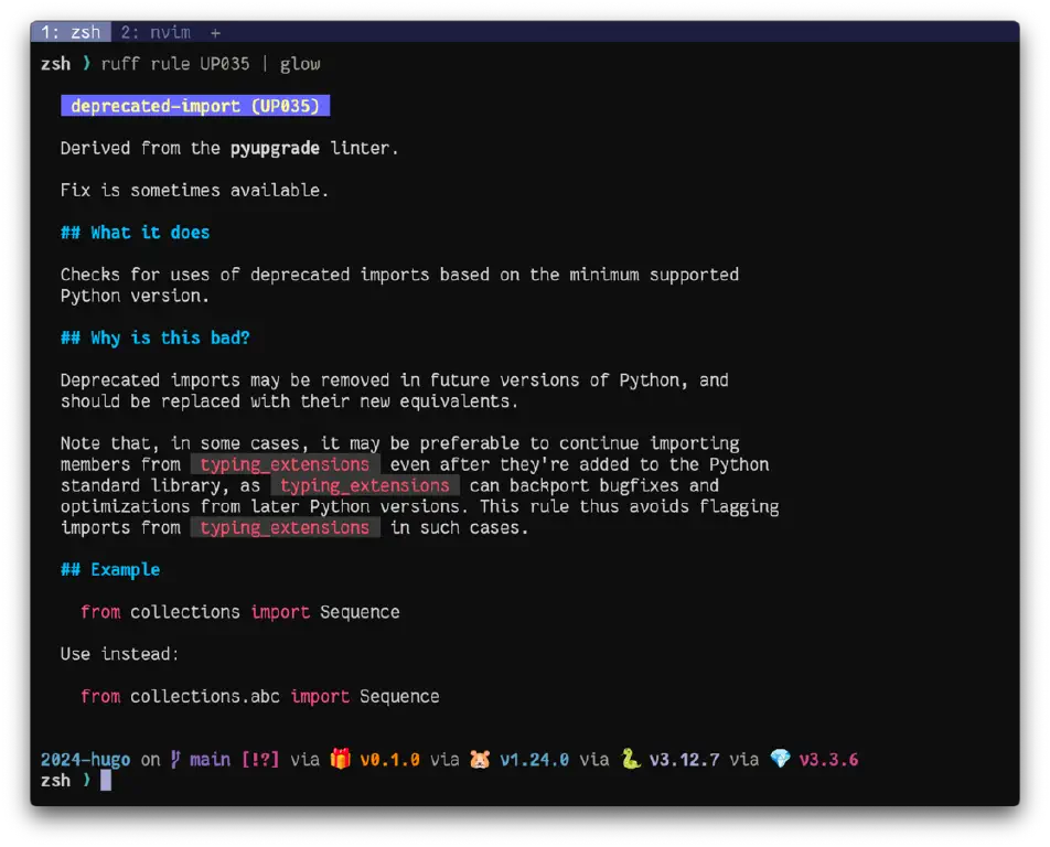 Formatted explanation of Ruff&rsquo;s rule UP035 &ldquo;deprecated-import&rdquo;, generated by the command 