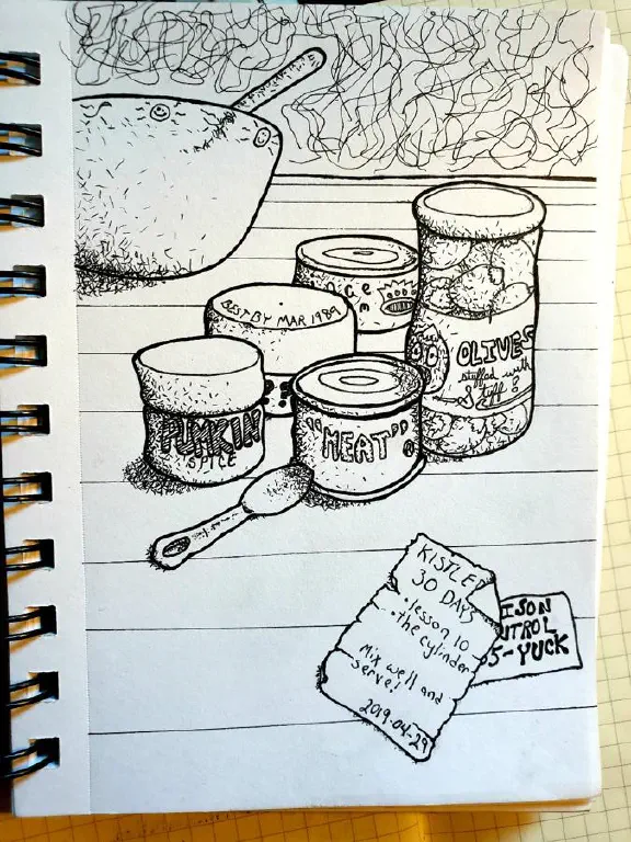 Pen sketch on paper, spices jars, small cans, and a jar.