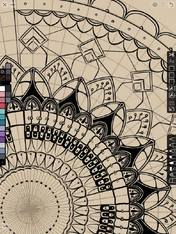 Detail of a mandala-style symmetrical line drawing in progress