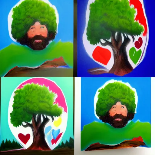 four pictures. Two of them are painted trees, the other two are a beardy dude with — a bushy green fro?