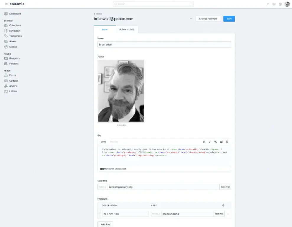 Statamic control panel for my user profile