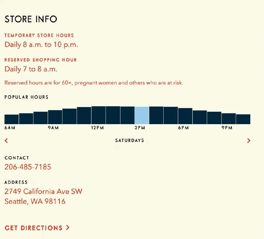 temporary hours, when it&rsquo;s reserved for at-risk customers, busy/slow times, phone number, and street address