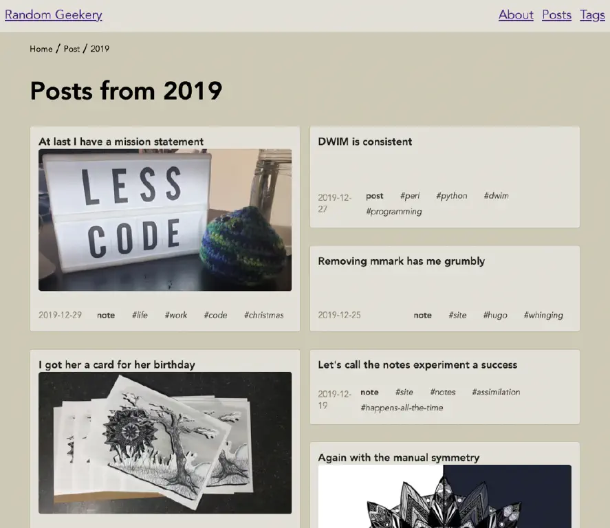 blog post listing with featured images displayed for some posts, all arranged in a staggered column layout