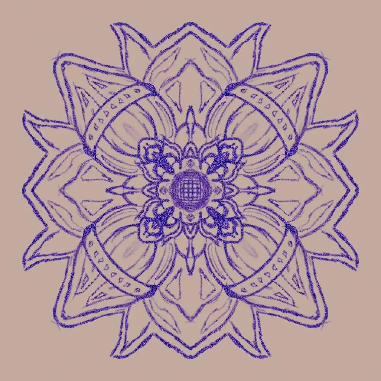 Purple floral symmetry drawing against a light background; the linework looks a bit like glitter that has been glued in place