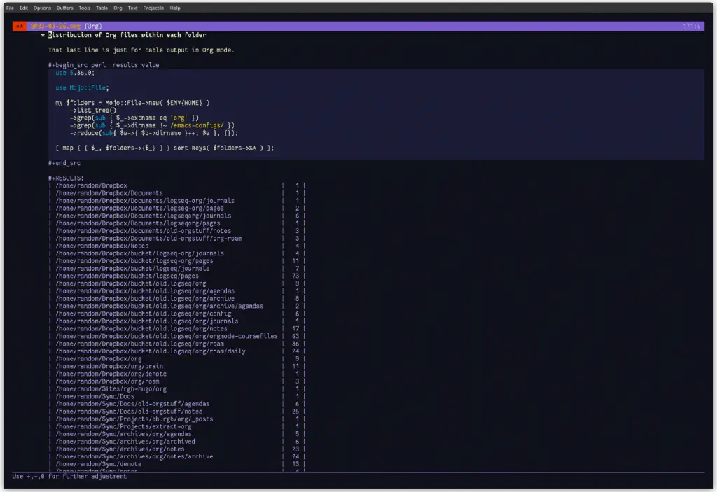 Emacs org file with Perl code to list the count of Org files in each directory and its resulting output