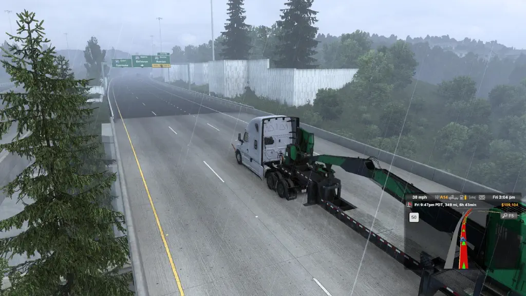 Game screenshot showing truck on I-90 E near the exit to I-405 for Bellevue / Renton. It is raining.