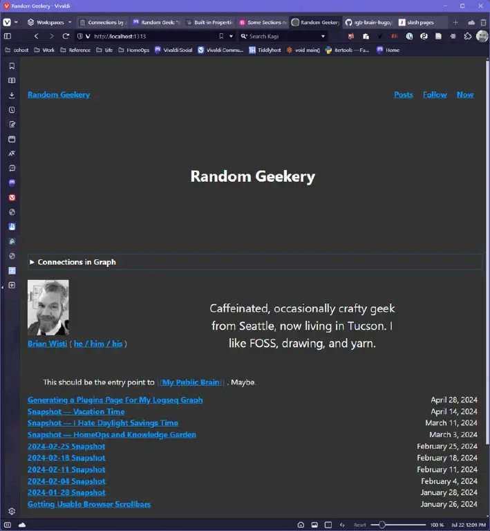 page with brief biographical information about me and a listing of the most recent blog posts.