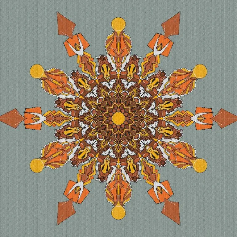 Kalaidoscopic line drawing colored with orange, yellow, and brown tones, and white highlights throughout