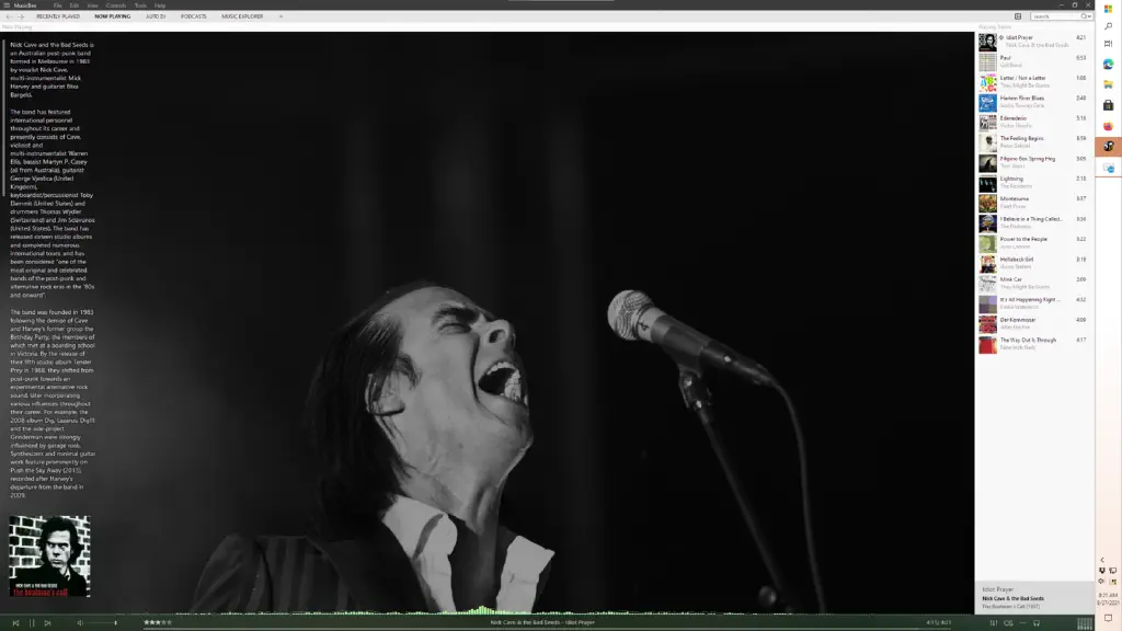 Screenshot of music player with big image of Nick Cave for current track, and an upcoming playlist of moody, pop, and jazz songs.