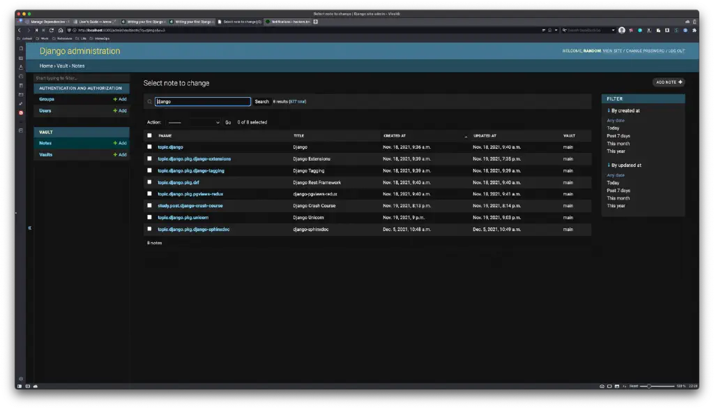 Django admin with a list of Dendron notes containing “Django” in their title.