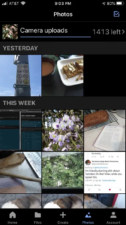 Phone screenshot showing 1413 photos remaining in Dropbox camera uploads