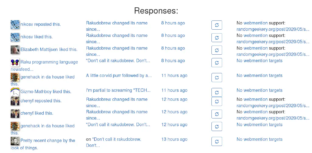 Bridgy dashboard showing “No webmention support” in responses to my old URL