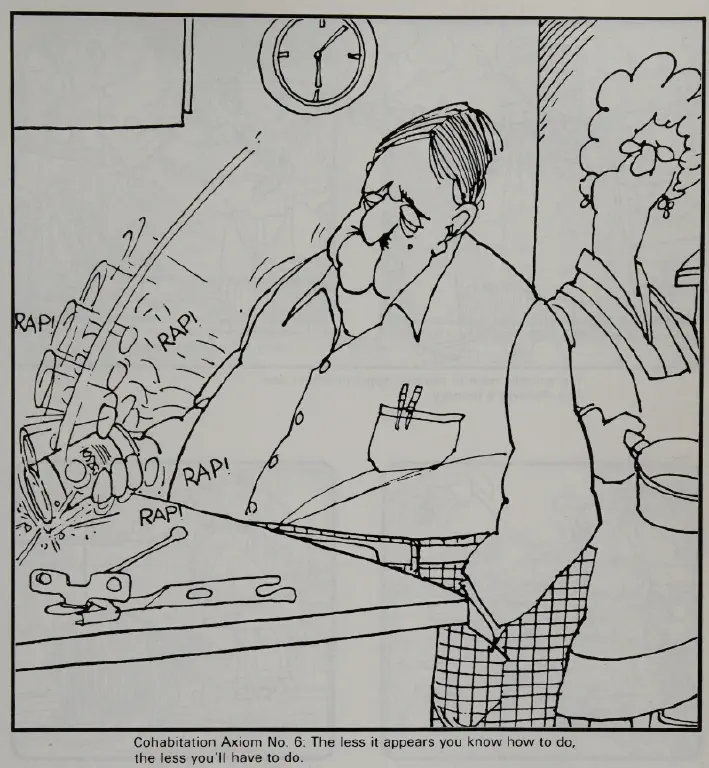 Cartoon of a man and woman couple, with the woman looking on disapprovingly as the man repeatedly bangs canned food on the counter with a can opener in plain sight; caption reads “Cohabitation Axiom No. 6: The less it appears you know how to do, the less you’ll have do do”