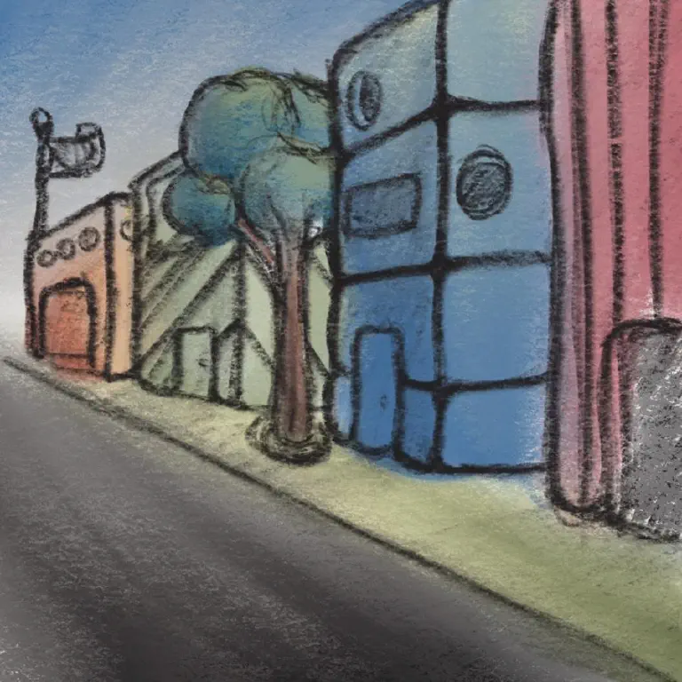 Cartoonish sketch of street scene
