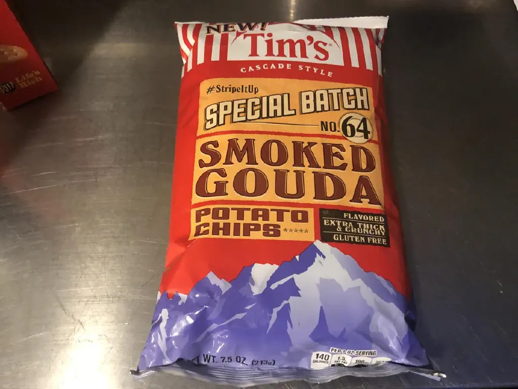 A bag of Tim’s Cascade Style Smoked Gouda Potato Chips